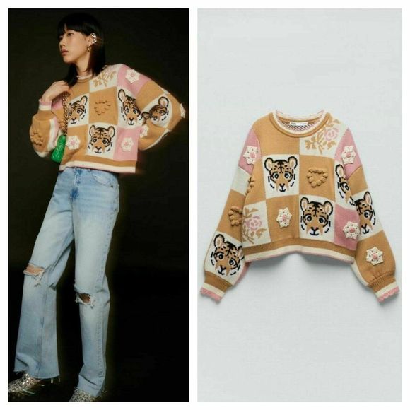 Nwt Zara Tiger Head Women's Tan and Pink Animal Print Sweater - Picture 1 of 8